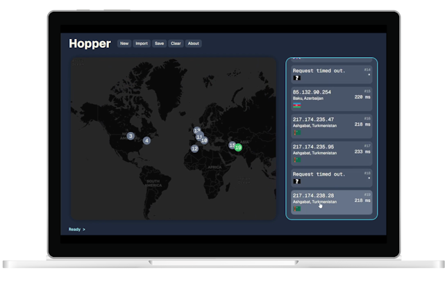 Hopper after a traceroute was completed on a laptop screen